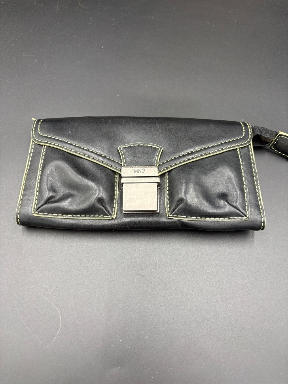 Mango Black Wallet with Contrast Green Stitching